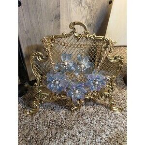 Gold Tone Blue Purple Floral Statement Bib Necklace and Earring Set